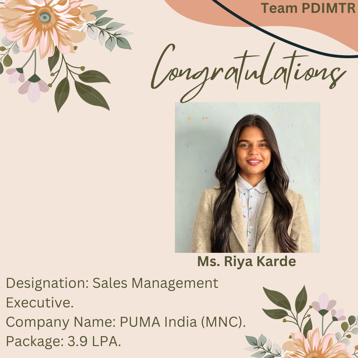 🍂Team PDIMTR wishes Hearty Congratulations💐💐💐 to Ms. Riya Karde as: Designation: Sales Management Executive. Company Name: PUMA India (MNC). Package: 3.9 LPA #mba #mbajobs #PDIMTR #MBANagpur #DNC #NagpurMBA #nagpurjobs #mbastudent #mbalife