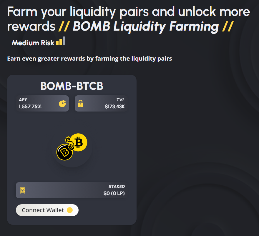 Bitcoin is surging up!

BOMB MAX is paying +1500% APY on Bitcoin 💣

Head to bomb.app/farm , Zap-in with numerous tokens, and start earning the best yields

BOMB is pegged to BTC. Not only do you earn the best APY, but you keep exposure to BTC!