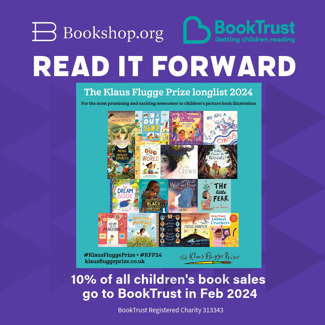 There's still a few days left to #ReadItForward with <a href="/bookshop_org_UK/">Bookshop.org</a>. For every children's book sold in February, including the #KlausFluggePrize longlist, they'll donate 10% to <a href="/Booktrust/">BookTrust</a>. Great #PictureBooks, great bookshops, great cause. Win, win, win!
uk.bookshop.org/lists/2024-kla…
