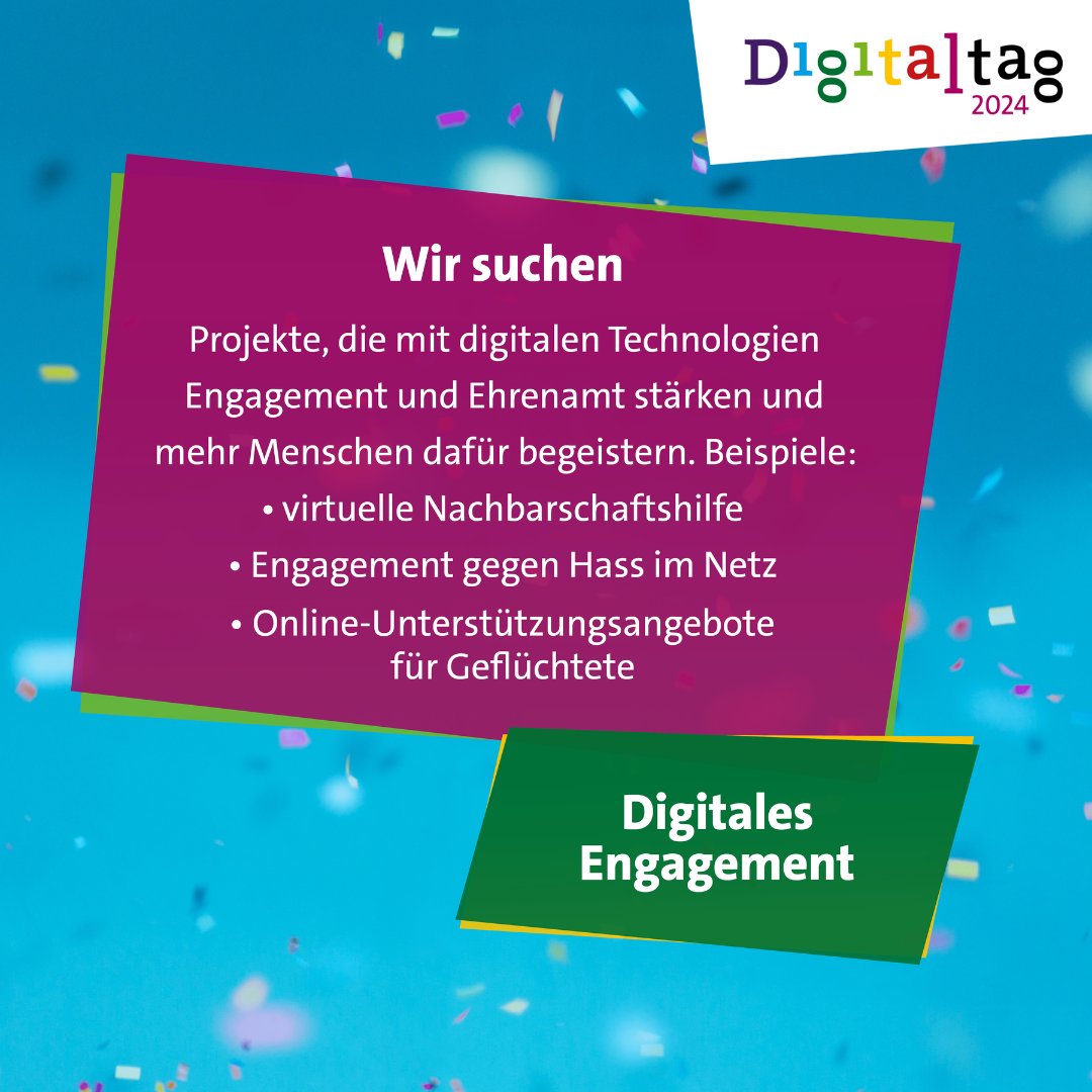 Wir suchen Projekte, die #digitaleTeilhabe und #digitalesEngagement fördern! 

Ihr setzt euch für eine gesamtgesellschaftliche Gestaltung der Digitalisierung ein? Dann bewerbt euch für den Preis!

Bei offenen Fragen schaut gerne auf digital-miteinander.de vorbei.