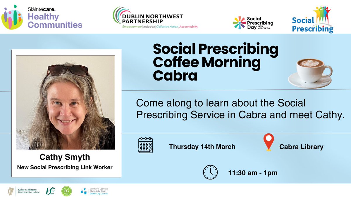 Excited to host our #SocialPrescribing coffee morning! ☕️

Join us to learn about how community connections can enhance well-being and meet Cathy your local social prescriber for Cabra! 💬

Join us in Cabra Library on the 14th of March. Spread the word 🗣️