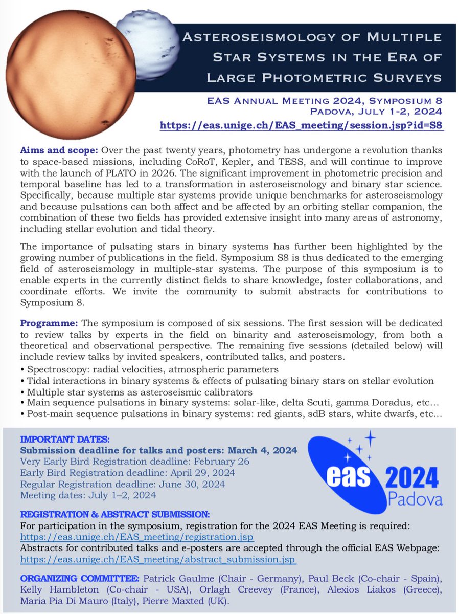 Deadline Monday March 4 for submitting abstracts! We're aiming at gathering experts of binary stars, asteroseismology, including theoreticians and observers to build up new projects.