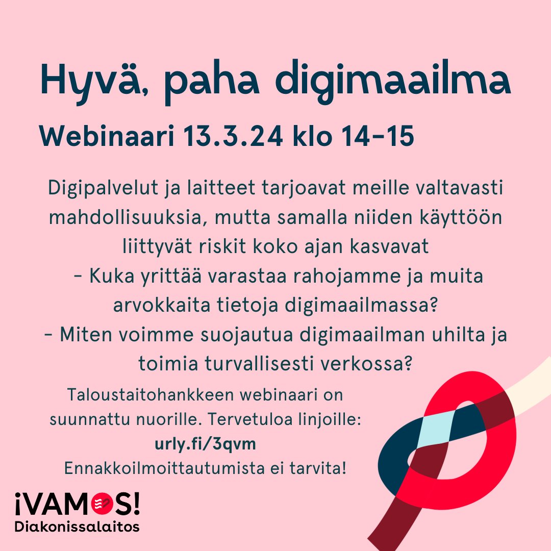 Maksuton nuorille suunnattu webinaari aiheesta digitaalinen turvallisuus. Hyppää linjoille, ennakkoilmoittautumista ei tarvita! 🤗 #vamosnuoret #taloustaitohanke #digiturvallisuus #digitaalisettaloustaidot #digitaidot