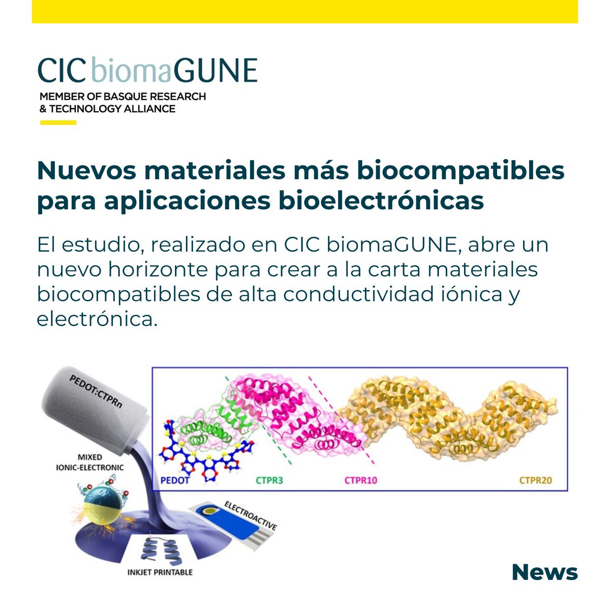 🆕The #study, conducted by <a href="/CICbiomaGUNE/">CIC biomaGUNE</a>’s Biomolecular Nanotechnology group, opens up a new horizon to #create à la carte #biocompatible #materials with high #ionic and #electronic #conductivity

👉 News bit.ly/49Trf6V
👉 Article bit.ly/48dvTLG

#Biomaterials