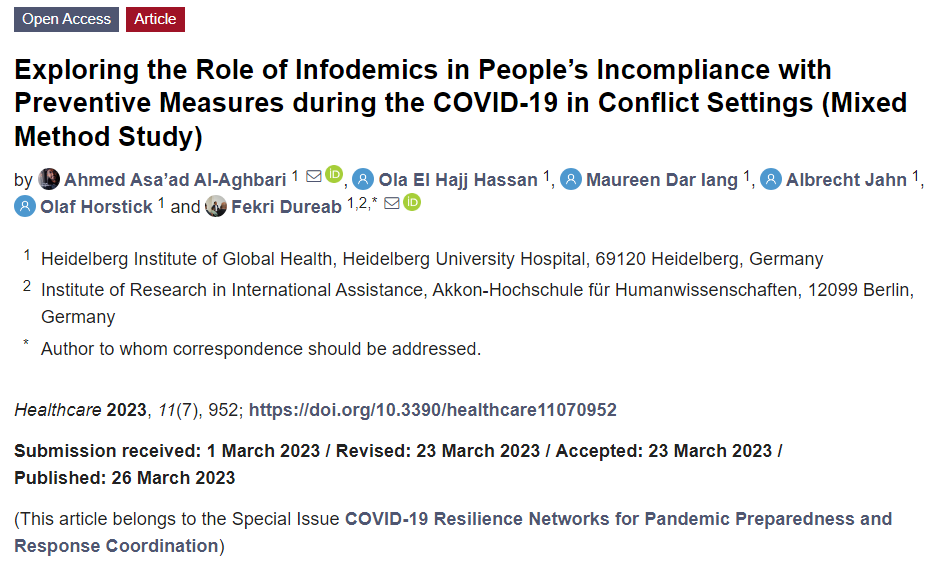 #HighlyAccessedPaper

'Exploring the Role of Infodemics in People’s Incompliance with #Preventive Measures during the COVID-19 in Conflict Settings (Mixed Method Study)' by Ahmed Asa’ad Al-Aghbari et al.

📌Find the full paper here: mdpi.com/2227-9032/11/7…
