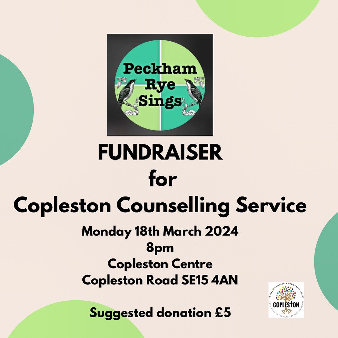 Our wonderful friends #PeckhamRyeSings are singing for us on Monday 18th March at 8pm to raise much-needed funds for our affordable counselling service. Please come along and support! Please bring cash donations with you or donate online stewardship.org.uk/partners/20190… Thank you 💚