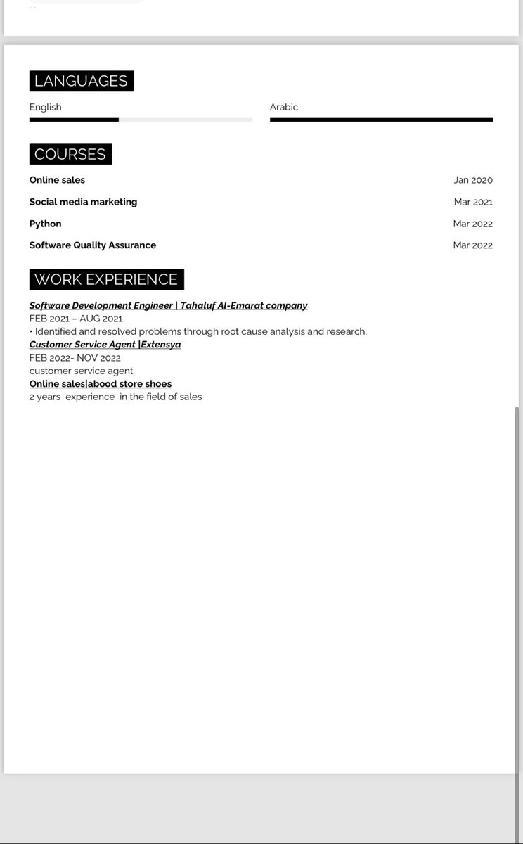 خبرة في مجال المبيعات وخدمة العملاء 
خبرة في مجال Quality Assurance 
#هندسة_حاسوب
#computerengineering 
#هندسة_برمجيات
 #softwareengineering 
لو سمحتوا الي بيقدر يساعده يلاقي وظيفة مناسبة 
 #خلينا_نساعد_بعض 
 #حاسوب #برمجة #programming #programmer  #informationtechnology