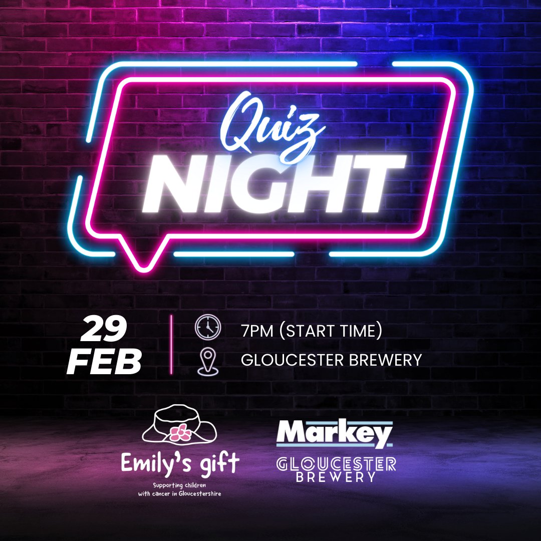 MarkeyGroup (@markeygroup) on Twitter photo Are you a quizzer? 👀 Well, we're pleased to be hosting a Quiz Night at Gloucester Brewery Ltd this Thursday 29th at 7pm, raising money for <a href="/EmilysGift/">Emily's Gift</a>, and we’ve got spaces for a few more teams!
If you're interested, enter at:
cognitoforms.com/richardmarkey/… <a href="/GBrewery/">Gloucester Brewery</a> <a href="/juliekentmbe/">Julie Kent MBE</a> Are you a quizzer? 👀 Well, we're pleased to be hosting a Quiz Night at Gloucester Brewery Ltd this Thursday 29th at 7pm, raising money for <a href="/EmilysGift/">Emily's Gift</a>, and we’ve got spaces for a few more teams!
If you're interested, enter at:
cognitoforms.com/richardmarkey/… <a href="/GBrewery/">Gloucester Brewery</a> <a href="/juliekentmbe/">Julie Kent MBE</a>