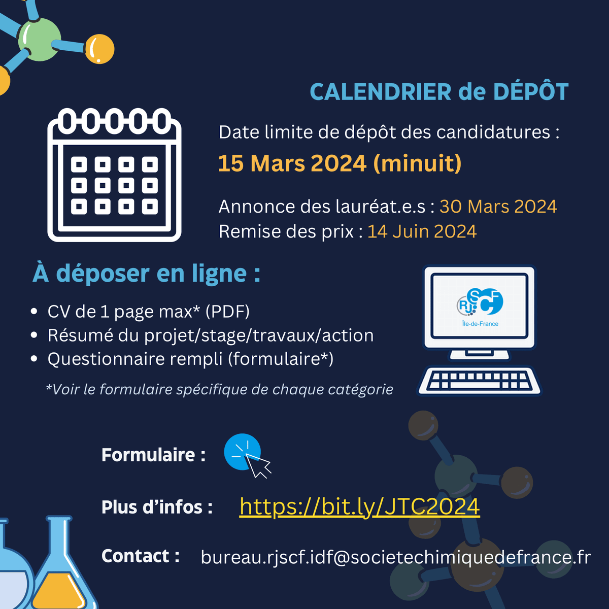 RJ_SCF_IdF's tweet photo. Participez au concours Jeunes Talents de la Chimie de la SCF-IdF pour valoriser votre stage avec un prix ! 🏆 Les lauréats présenteront leur travaux pendant la Journée Jeunes Talents de la SCF-IdF le 14 juin à Paris. https://t.co/6vDvM7ia4T https://t.co/DORQvkN49X