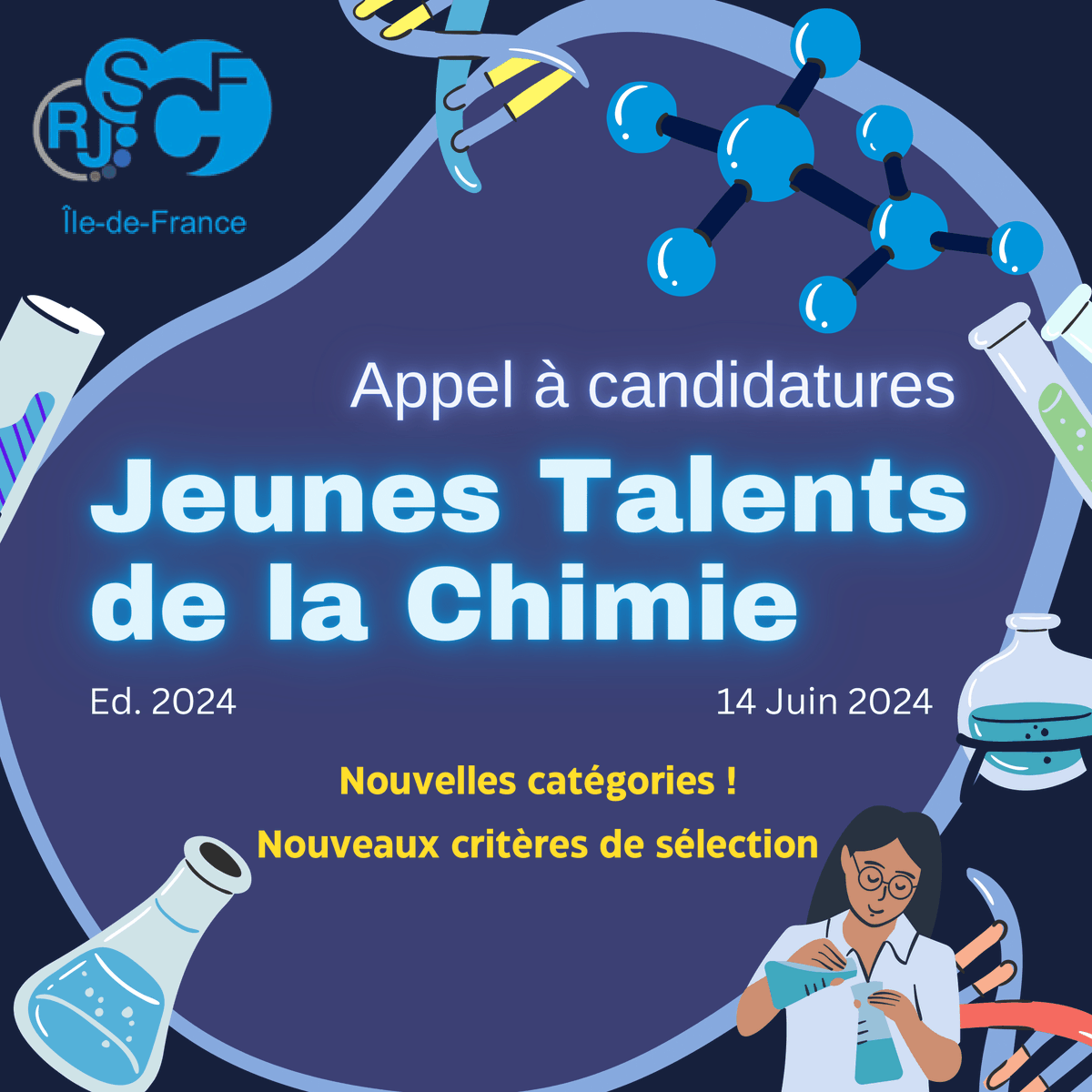 RJ_SCF_IdF's tweet photo. Participez au concours Jeunes Talents de la Chimie de la SCF-IdF pour valoriser votre stage avec un prix ! 🏆 Les lauréats présenteront leur travaux pendant la Journée Jeunes Talents de la SCF-IdF le 14 juin à Paris. https://t.co/6vDvM7ia4T https://t.co/DORQvkN49X