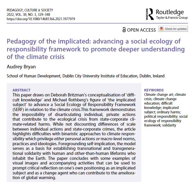 Happy Tuesday🌼 A suggested reading 📰by Dr Audrey Bryan for those interested/involved in teaching about the #SocioEcology of the #ClimateCrisis #ClimateChange education as an invitation to #HumanAgency Paper: doi.org/10.1080/146813… 🙏 to SIG member Jess Hayden for sharing