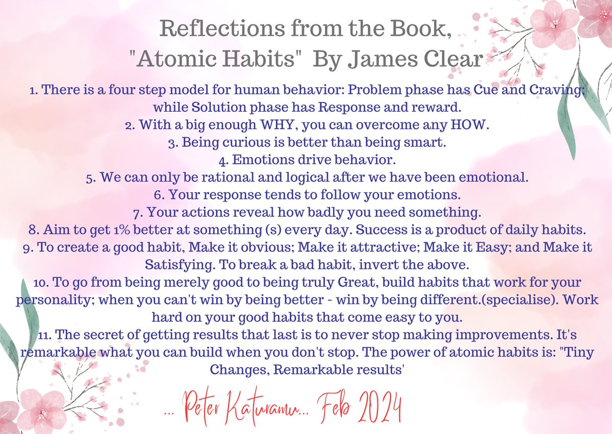 Crowning February 2024 with an amazing Read... Tiny Changes, remarkable results = ATOMIC HABITS

Thank you @JamesClear for an amazing and great book with very life changing reflections

Thank you @AsherElijah9 for holding me accountable 

Onto the next read

@TerlianConsults