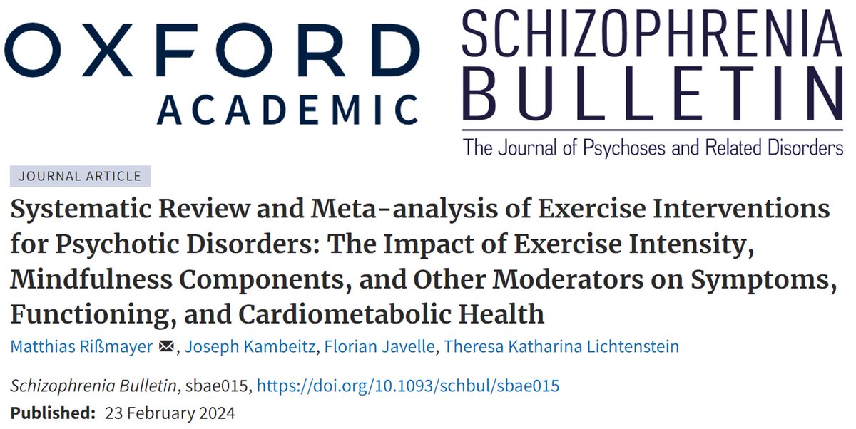 📢 Exciting News! 📚 Dive into the world of PsychoticDisorders with our latest publication🏋️‍♂️Uncover the insights from our #MetaAnalysis on the moderators of #ExerciseTherapy🧠🌟#HealthResearch #MindBodyConnection doi.org/10.1093/schbul…