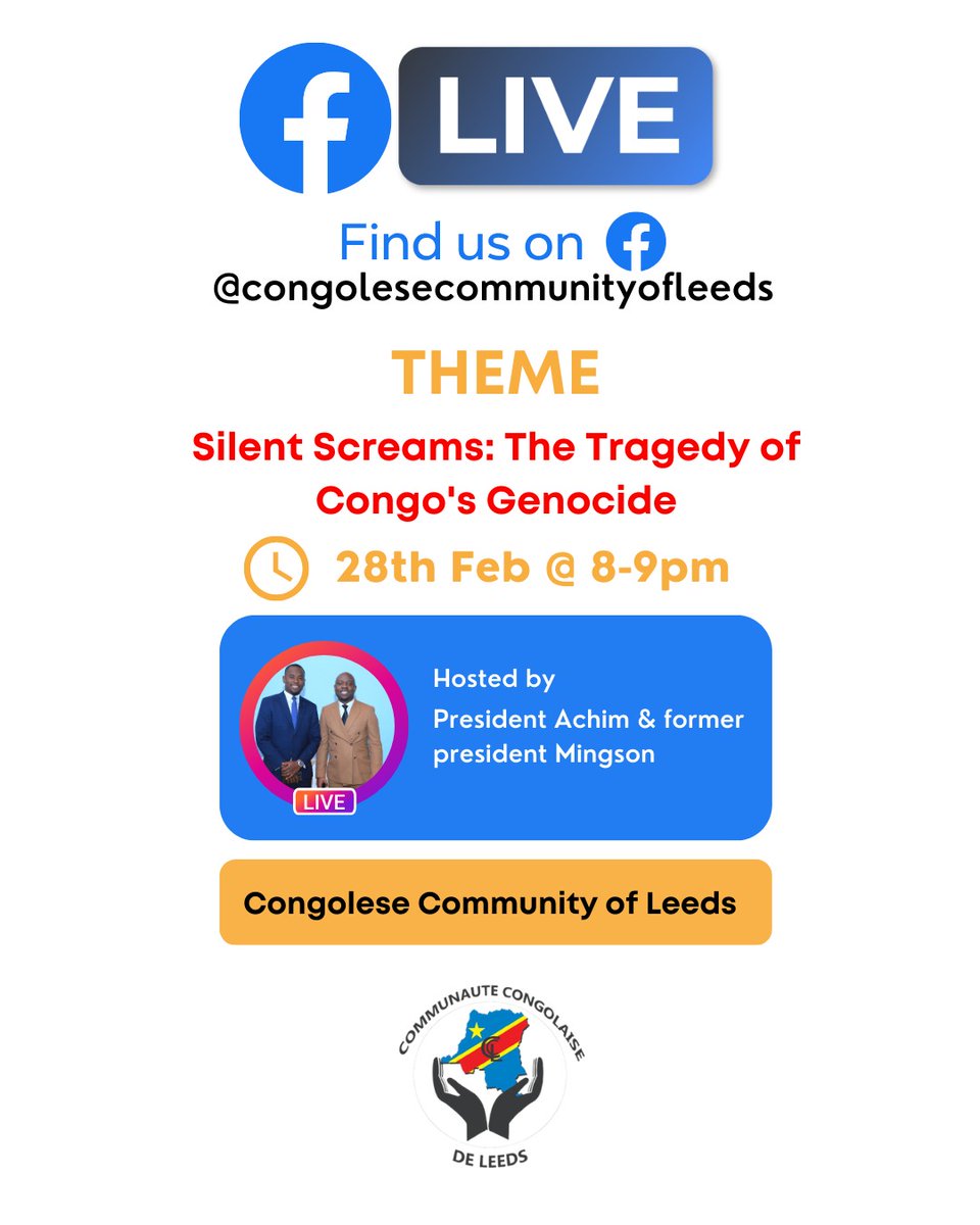 Join us this Wednesday for our special Facebook live. We will be talking on the tragedy of the Congo Genocide. Time: 20h00 #CongoGatheringInLeeds #StopTheGenocideInCongo