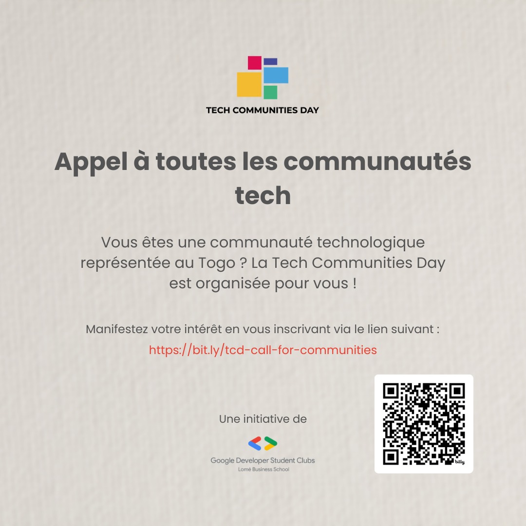 gdsc_lbs's tweet photo. 🚀 Tech Communities Day approche! Rejoignez-nous: https://t.co/2VSfuGJrwz 💻🌐 #TechCommunitiesDay #InnovationTogolaise https://t.co/lt6iTv3VH2