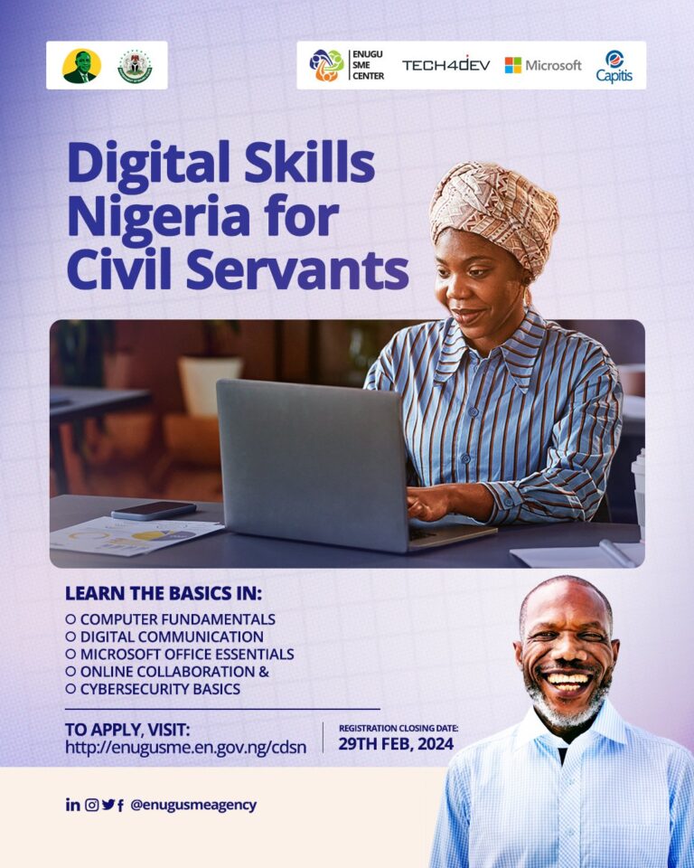 Call for Application: Digital Skills Nigeria for Civil Servants.

In collaboration with Tech4Dev and Microsoft.

No registration fee.
No prior skills needed.
Certificate of completion available.

Available skills:

- Computer fundamentals
- Digital Communications
- Microsoft…