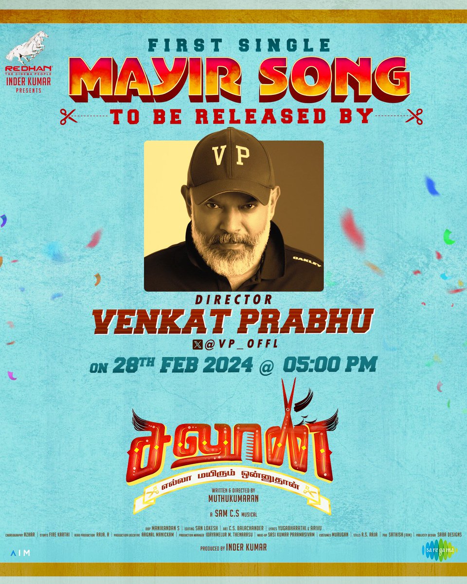 The GOAT @vp_offl is all set to release the quirky 'MAYIR Song' tommorow at 5 PM! 🎼@SamCSmusic #Saloon 💇‍♂️✂️ @dir_mkumaran @RedhanCinemas @actorshiva @iYogiBabu @inder3kumar @saregamasouth @dopmanikandan @Sanlokesh @Arivubeing @Azarchoreo @raja8073 @teamaimpr @akash_tweetz