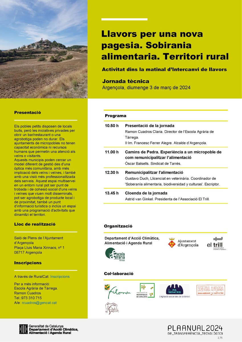 📌Jornada tècnica: "Llavors per una nova pagesia. Sobirania alimentaria. Territori rural" #PATT2024 

🗓️03/03/2024
📍Argençola
🕘10:50 h

ruralcat.gencat.cat/c/document_lib… @eatarrega <a href="/ajuntamentargl/">ajuntament argençola</a> <a href="/eltrillargen/">El Trill - Argençola</a> <a href="/Micropobles/">Micropobles</a> <a href="/elpasencercoop/">El Pa Sencer Cooperativa</a> <a href="/RevistaSABC/">Soberanía Alimentaria⏚🇵🇸</a>