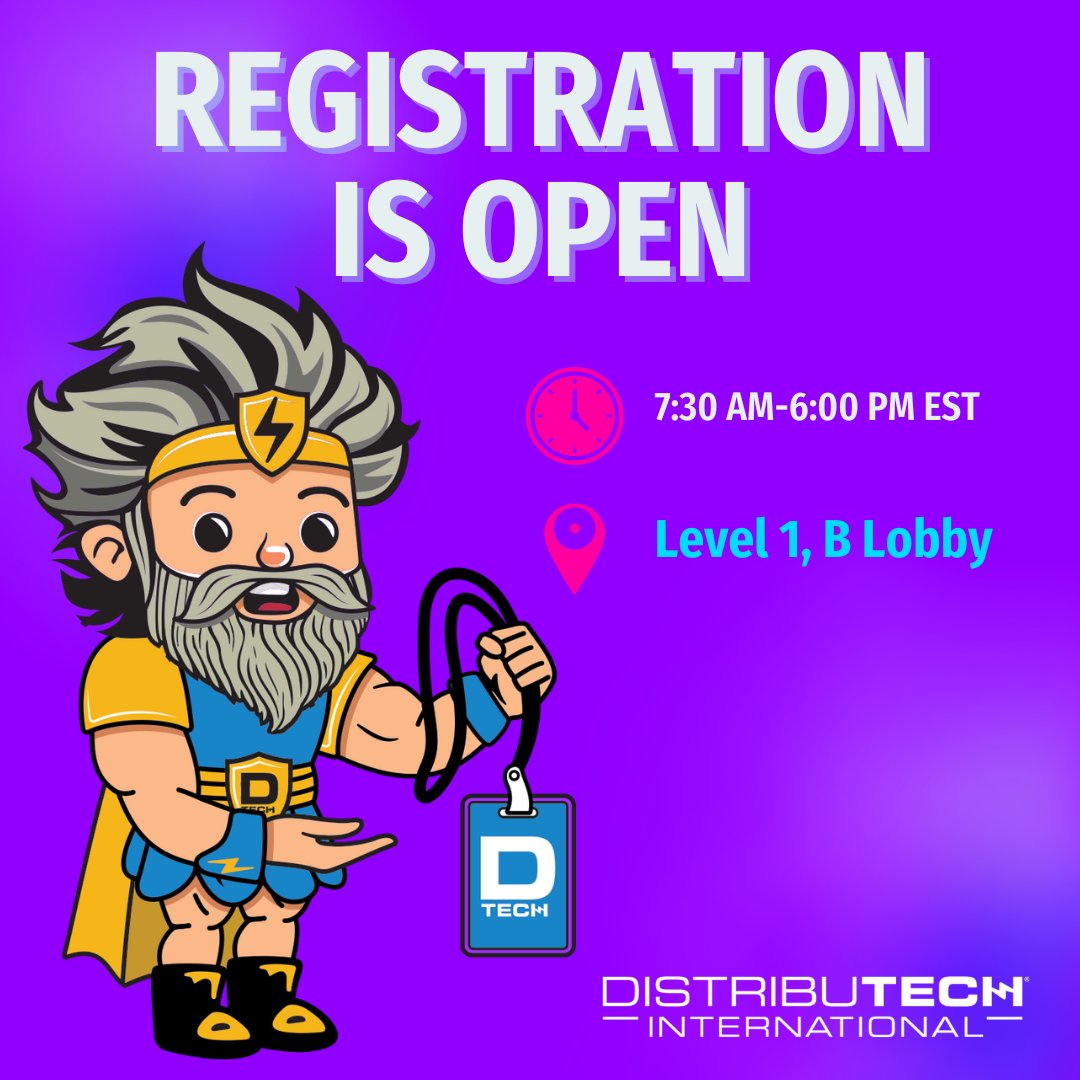DISTRIBUTECH's tweet image. Registration is open!

Our friendly team is at the reg desk ready to get you your badge and answer your questions!

#DISTRIBUTECH24 #DISTRIBUTECH #transmissionsystem #distributionsystem #transmissionsystems #distributionsystems #powergrid #evcharging #homeasagrid