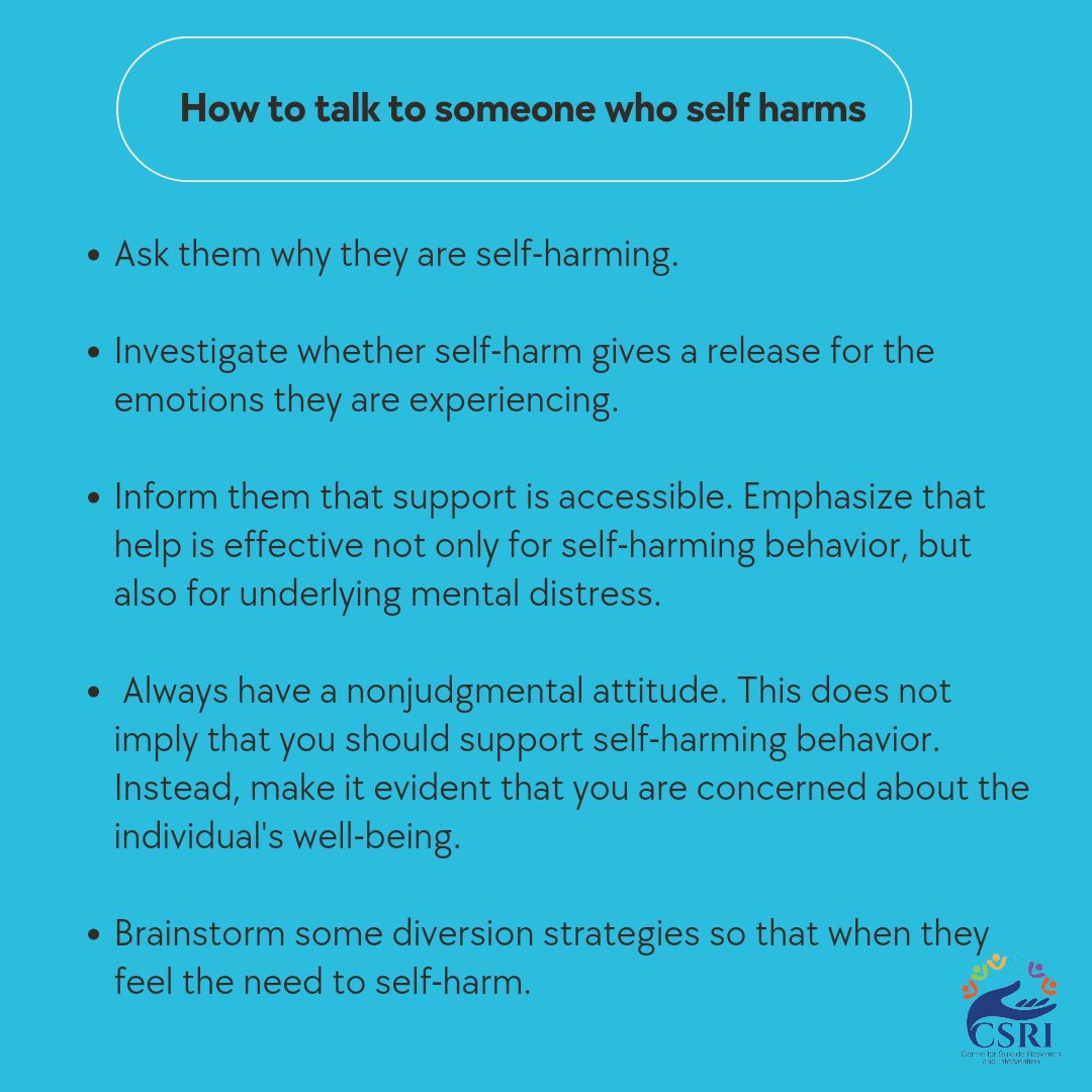 csricentre's tweet photo. When discussing self harming behaviour with someone, it is critical to stay calm and no judgemental. Here are some suggestions for having that conversation 💙🤍❤️
#selfharmrecovery #selfharm#suicideprevention #mentalhealthawareness #suicideawareness
#Kes #DCIJuja #Migunamiguna https://t.co/mRHDYqQsXV