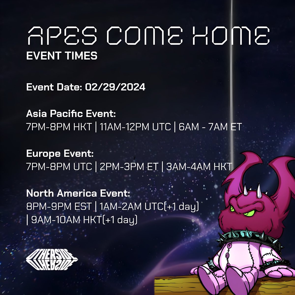 GM VOYAGERS 🇮🇹
There are only 2 days left for the highly anticipated APES COME HOME 🍌
Remember to:

🔥 Create an <a href="/OthersideMeta/">Othersidemeta</a> account At this link 👉 launch.otherside.xyz

🔥 Connect wallet before event starts (Warm/ delegate) 

🔥 get ready to dream for the launch on 02.29