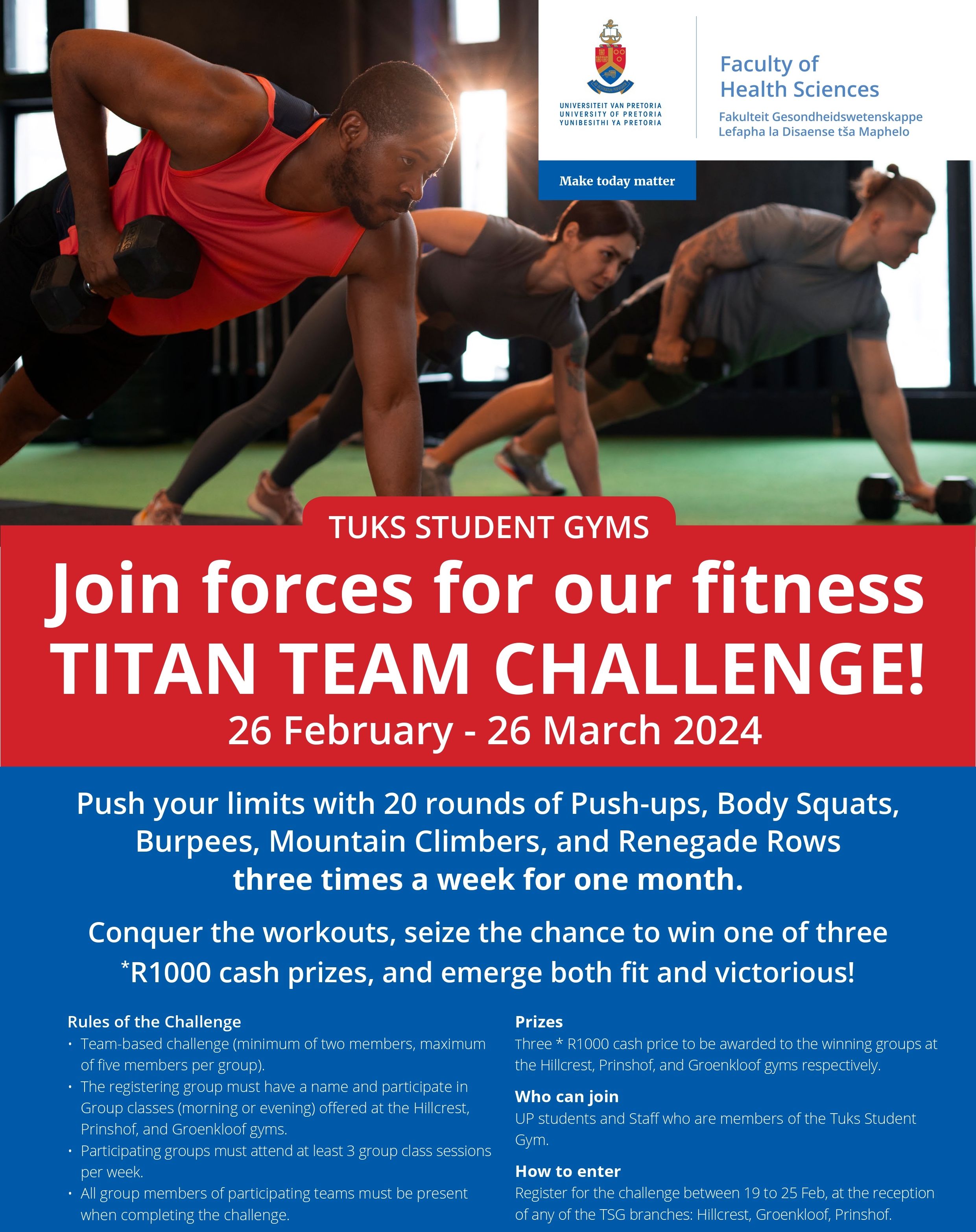 TuksSport on X: #FitnessMotivation Take up on the TITAN TEAM CHALLENGE at  any of the @UPTuks Student Gyms - Hillcrest, Prinshof and Groenkloof, to  stand a chance to win one of three