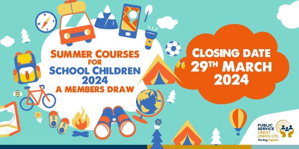 Our friends @pscu_ie tell us that they have a members draw for 10 amounts of up to €500 euro towards summer courses for children. For details see PSCU.ie