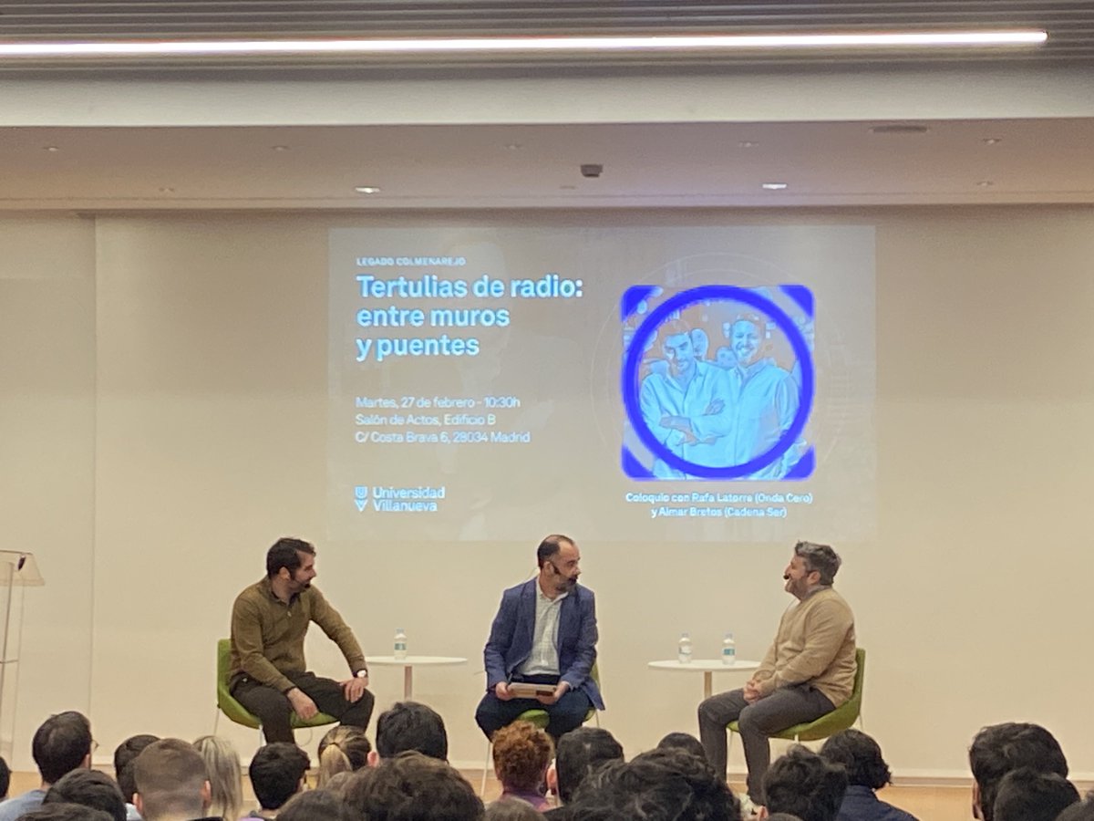 El legado Colmenarejo acoge en <a href="/Univ_Villanueva/">Universidad Villanueva</a> el coloquio Tertulias de radio: entre muros y puentes, con <a href="/rlatorreg/">Rafa Latorre</a> y <a href="/AimarBretos/">Aimar Bretos</a>. Entre los dos se comen la tarde...