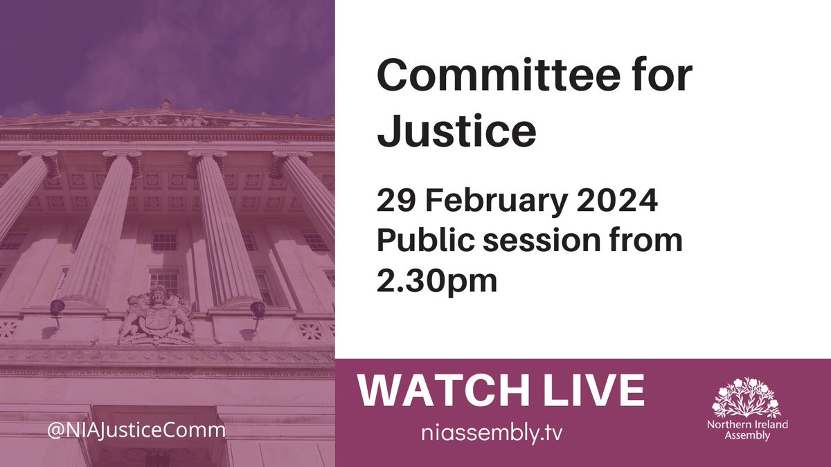 The Committee for Justice will hear from the Department of Justice's Justice Delivery Directorate this Thursday. 📺Follow live at niassembly.tv 🗓️29 February 2024