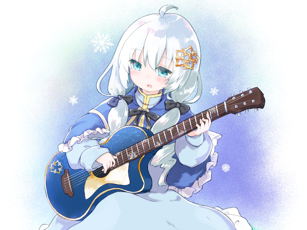 1girl solo instrument holding dress guitar hair ornament  illustration images