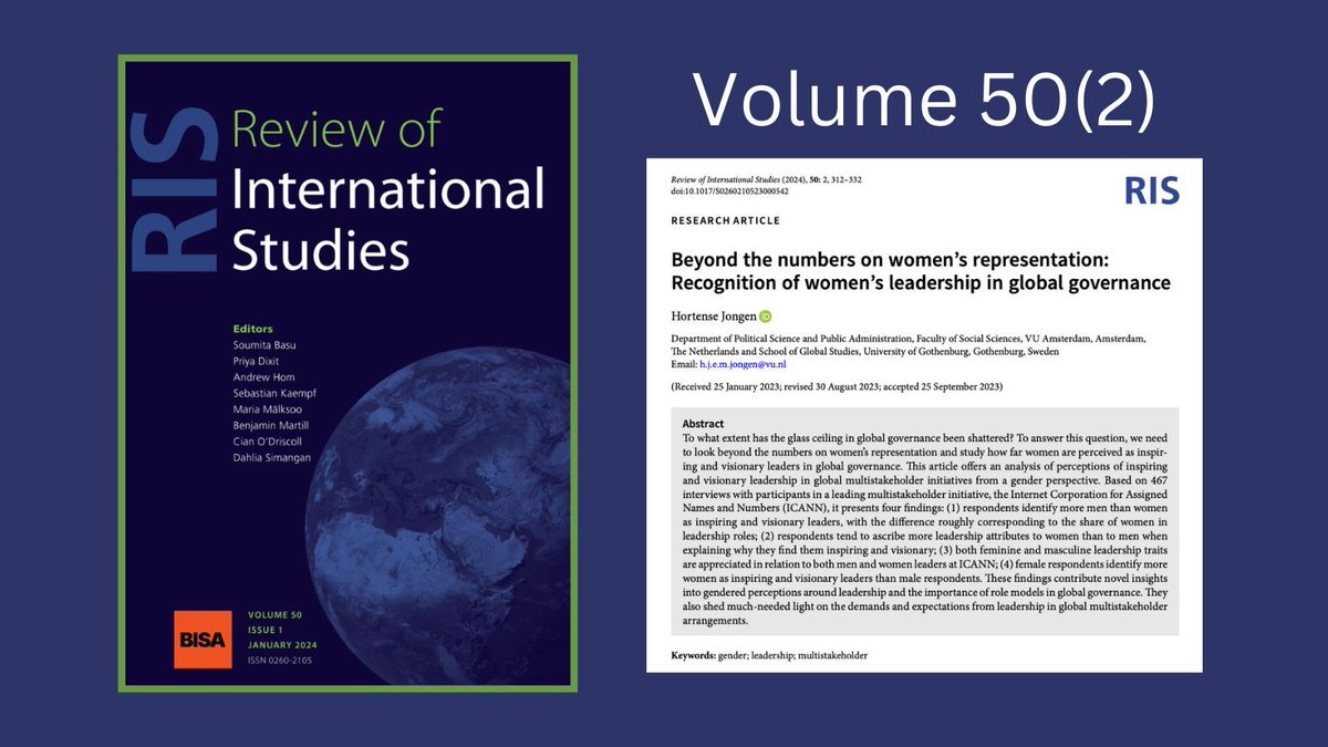 'To what extent has the glass ceiling in global governance been shattered?'

<a href="/HortenseJongen/">Hortense Jongen</a> asks this question in our latest issue which is out! She bases her discussion on 467 interviews at <a href="/ICANN/">ICANN</a>. 

📄 👉 buff.ly/3SLR69B 

<a href="/MYBISA/">BISA - British International Studies Association</a> <a href="/CUP_PoliSci/">Cambridge University Press - Politics</a>