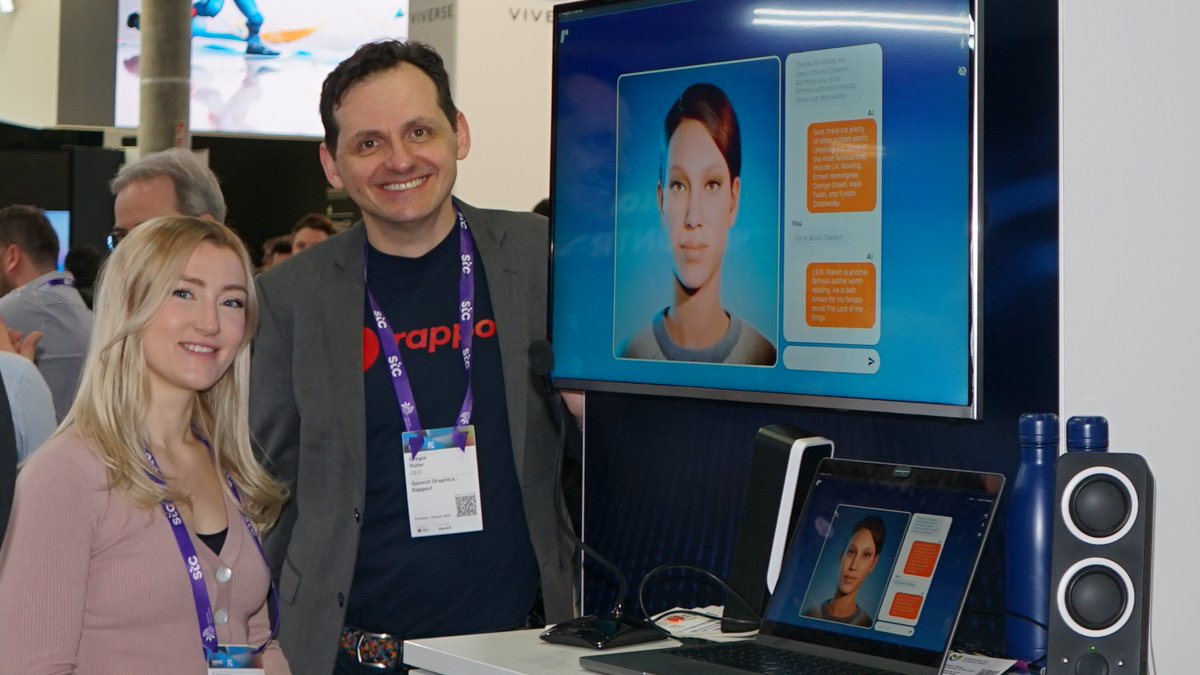RapportCloud's tweet photo. 🚀 What a great first day at #MWC24!

📹 @GregorHofer was interviewed by @biztradegovuk &amp; lots of enthusiasm for our demos:

✅ Vivian the #ChatGPT powered #MetaHuman
✅ The Gold Medalist: our @readyplayerme e-commerce demo

https://t.co/m6Gtf2uRNV https://t.co/AKGDzllBqu