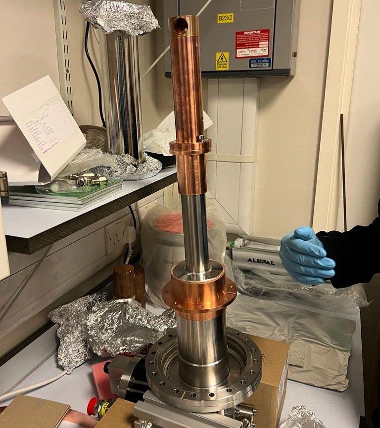 Our new hybrid positron #beam is coming to life. The #vacuum system for the #positron buffer gas trap is built, and the coldhead for the #radioactive source is assembled. This can reach just 4K and freeze neon solid. #physics #UCL #PhD #phdlife #diy #science #research #stem