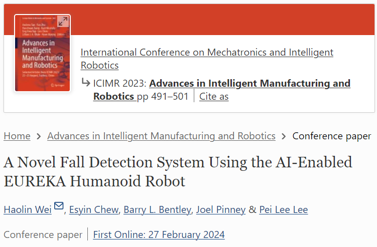 bbentley_1's tweet photo. 🤖Congratulations to @eurekarobot &amp; @cardiffmet PhD student @_Haolin_ on the publication of his first paper, investigating humanoid robots for fall detection &amp; fall prevention with @ALTYortho hospital. Well done, Haolin!

https://t.co/8z2NqxzRh2
#robotics #geriatrics #research https://t.co/s9KsGuYc1Y
