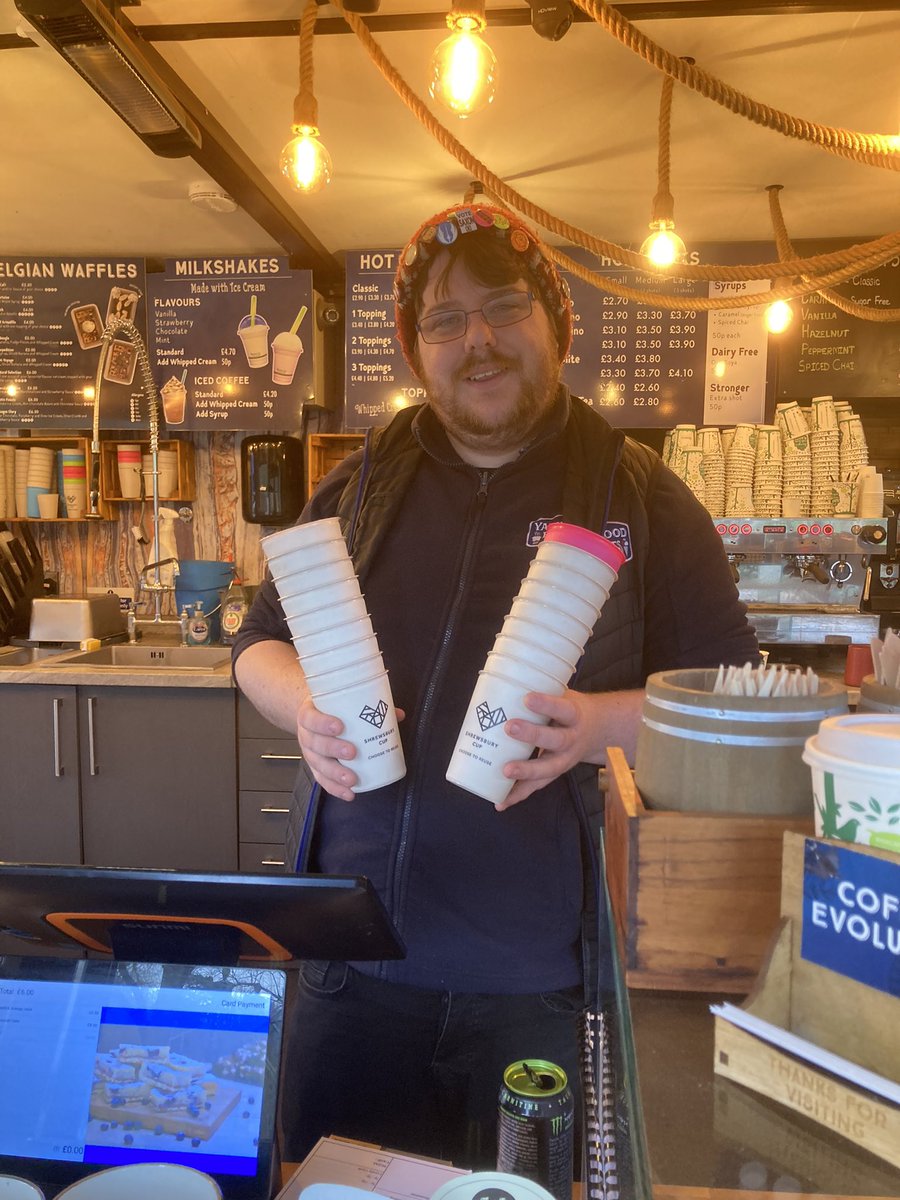 With #spring elusively round the corner, Dan is ready to serve you a delicious #zerowaste takeaway from @coffeeevolution in the quarry - pick up your @shrewsburycup at one end of park & drop back to @stopcoffeeshop @ #greyfriars - no waste - no problem 🙏