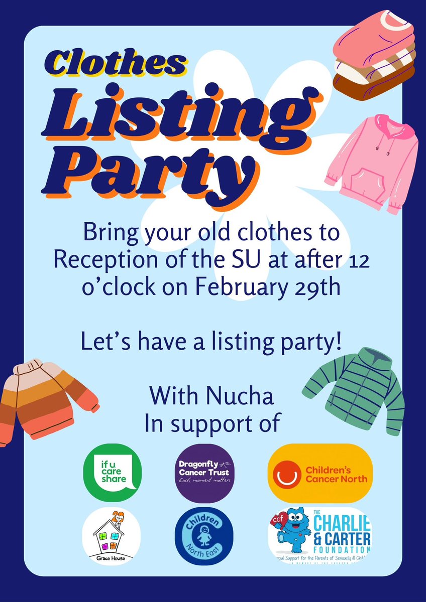 We’re throwing a listing party 📸🥐🍭 We’ll be at @UniofNewcastle SU reception. If you know any student, send them our way. We’ll bring the gears, the good vibe, and the snacks. They’ll just have to bring their unwanted clothes. @CharityHourUK #charityfundraising #charityshop