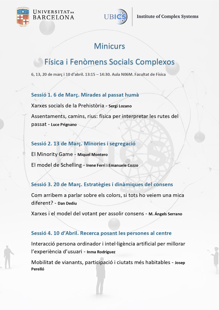 📚 Excited to announce our mini-course 'Physics and Complex Social Phenomena'! 📍Aula N06M at the Physics Faculty 📆March 6, 13, 20, and April 10 ⏲️13:15 to 14:30 Register here: forms.office.com/pages/response… #Physics #SocialPhenomena @UBDivulga @FisicaUB