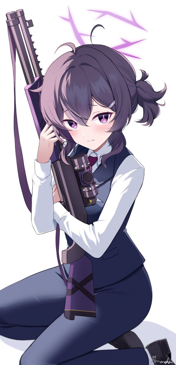 haruka (blue archive) 1girl weapon gun solo purple eyes halo shotgun  illustration images
