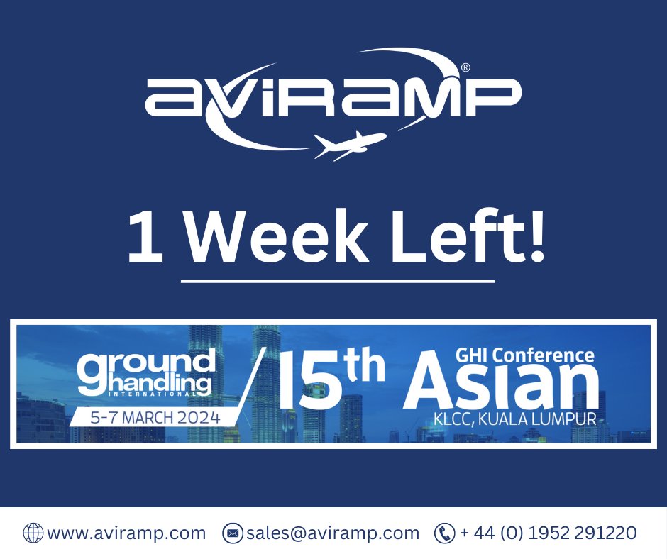 1 week left! We are very excited! 🎊

You will be able to find us on stand E01, so please come find us for a chat with one of our Aviramp representatives!

#aviramp #aviation #airlines #airports #gse #groundhandling #prm #passengerramp #GHIConference #SEAsiaConference #Conference