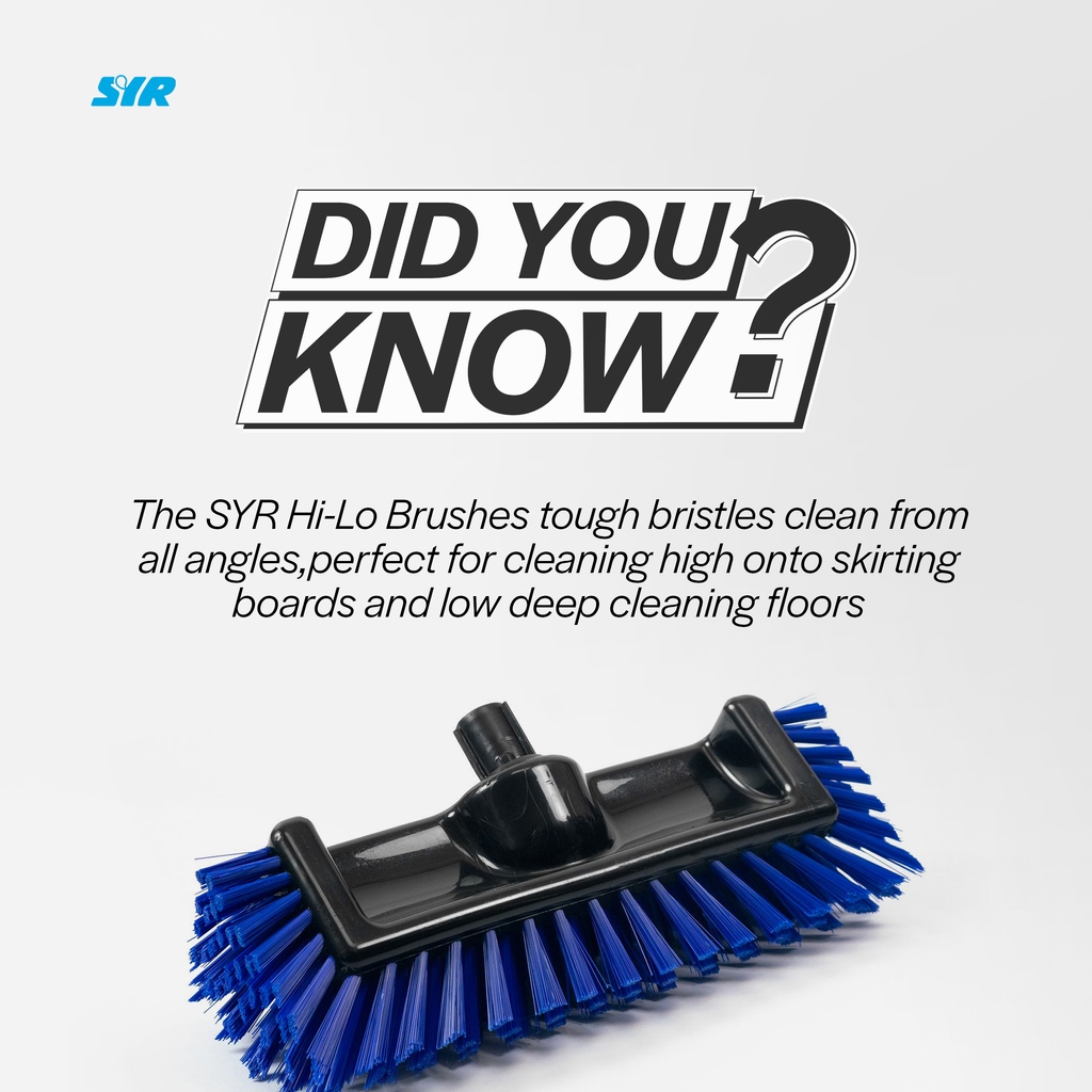Interchange compatible Hi-Lo Brush is a heavy duty multi-purpose brush with side bristles to brush right up to the edge and high and low into floor corners.

#SYR #syrclean