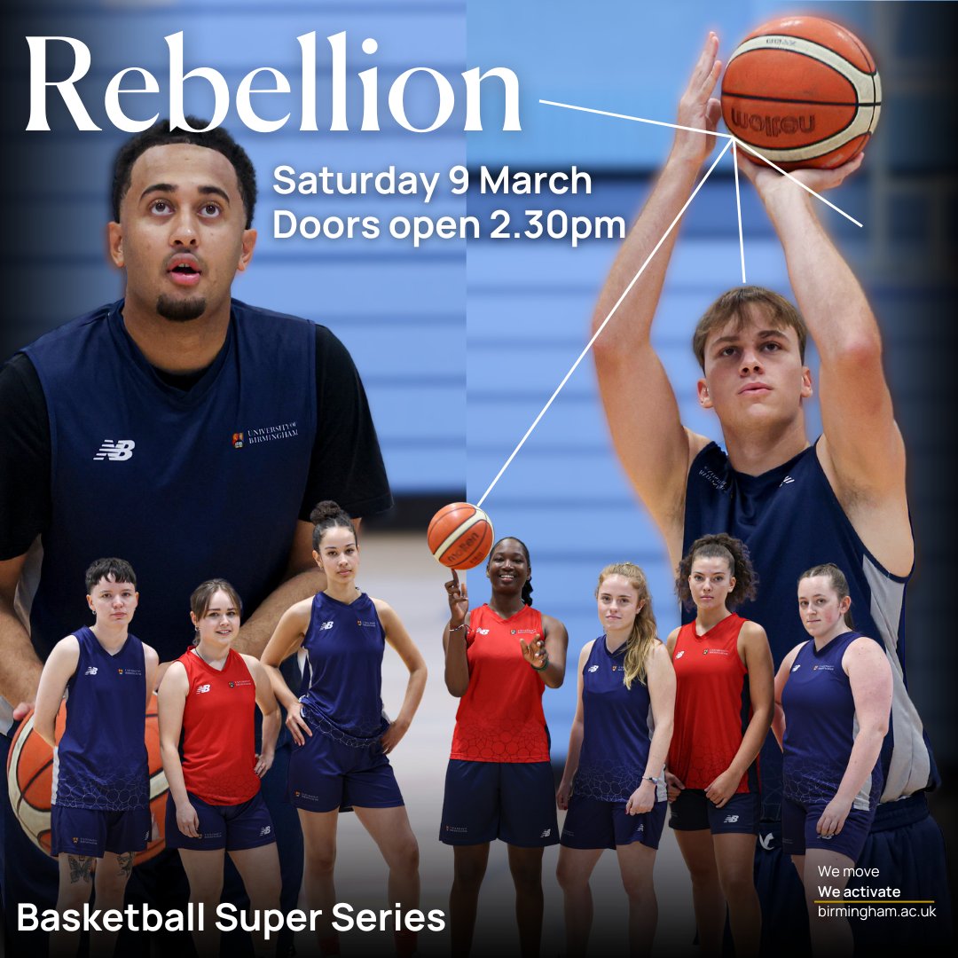 On Saturday 9 March, come and watch our basketball club's double-header for Rebellion 2024!

3.00pm - W1 v Loughborough 

5.30pm - M1 v Warwick

Secure your ticket: https://t.co/8eWUOgBsAC 