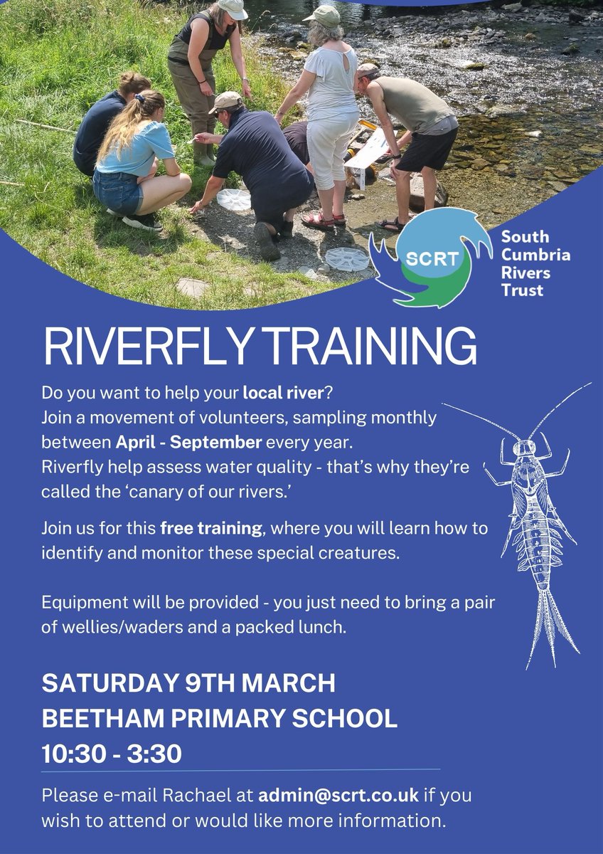 Calling all #river enthusiasts! Join us for free training on 9th March - where you will learn all things riverfly! We've been going since 2011 and are the accredited training course for #invertebrates in South Cumbria, with @Riverflies #volunteers #waterquality #longtermdata