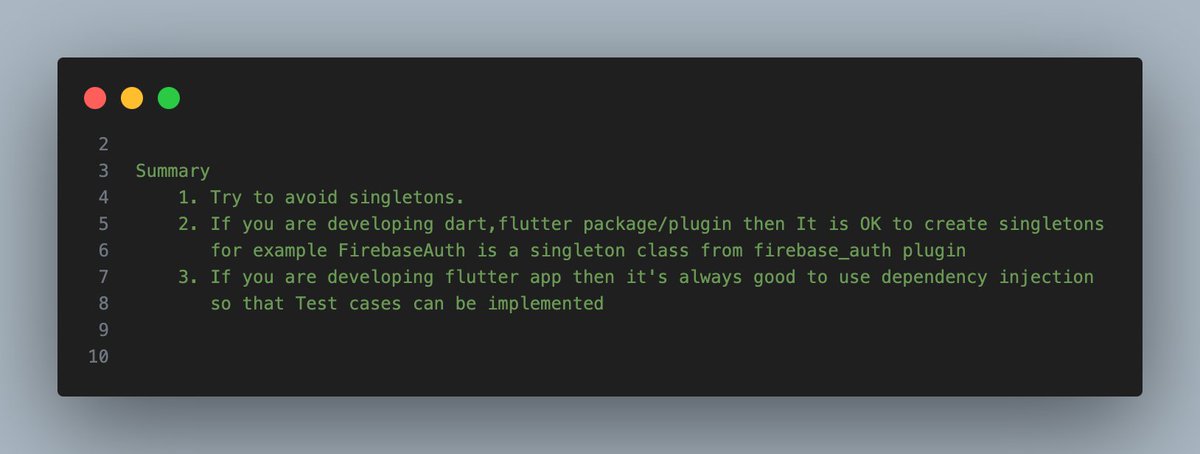 VenkataReal's tweet image. Summary
#FlutterDev #DartLang #SingletonPattern #fluttercommunity #flutter #dart