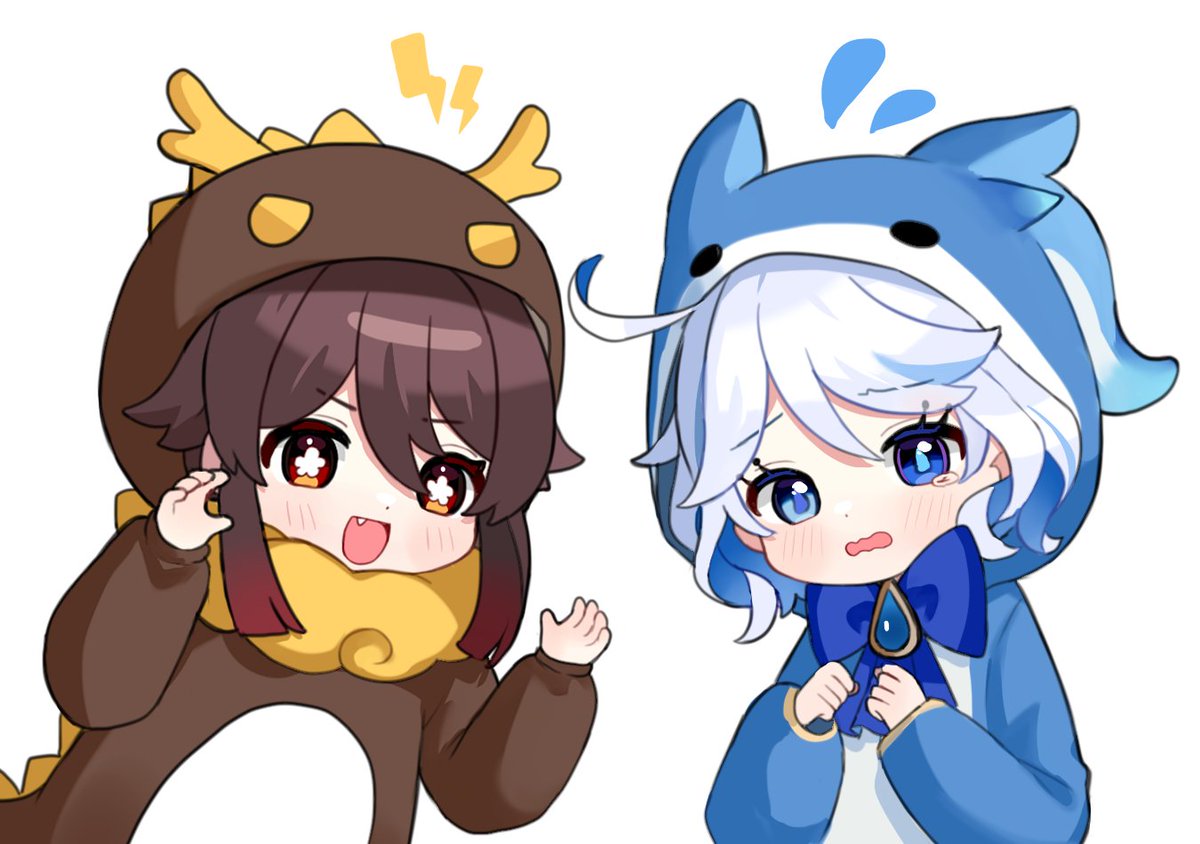 furina (genshin impact) ,hu tao (genshin impact) blue eyes animal costume brown hair cosplay red eyes white background fang  illustration images