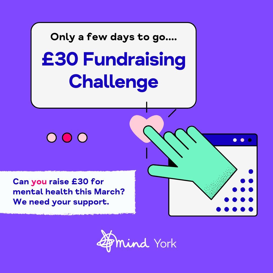 📢 Attention all supporters! 📢 Just a few days left until our £30 fundraising challenge kicks off! Can you raise £30 for mental health this March? Check out our list of 30 awesome fundraising ideas on our website to spark your inspiration! 💡💙 yorkmind.org.uk/get-involved/f…
