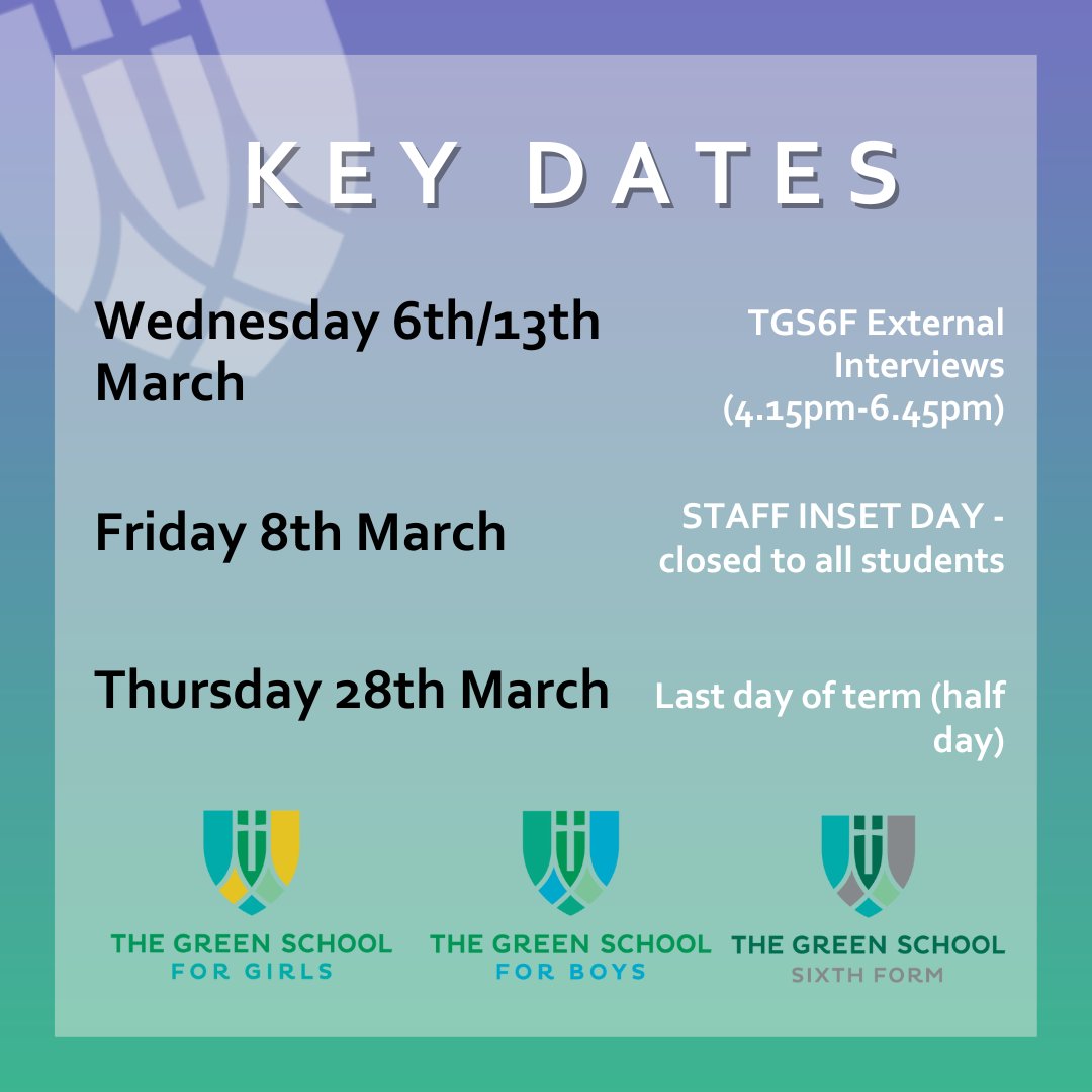 Dates for diary! 📅

Plan ahead with some key dates happening this term across all schools.

Find out more information on our website - tgstrust.com
