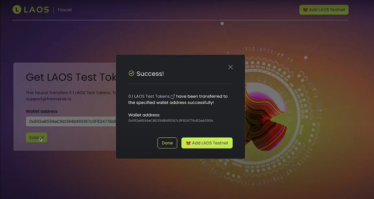 s_cuplo's tweet photo. 5) Click on the Get LAOS Test Tokens button to go the faucet.
6) Paste your address in the field, and click submit.
7) Click on the "Add LAOS Testnet" button to connect metamask to the K-LAOS Kusuma Chain and approve all metamask pop-up. https://t.co/eDLF8J0vDr