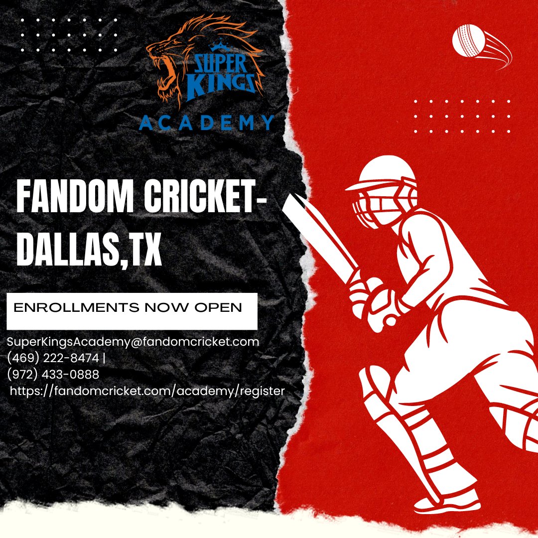 Explore advanced training opportunities at the just-launched Super Kings Academy in Lewisville, TX. For more details, Visit
fandomcricket.com
#SuperKingsAcademy #CricketTraining #DallasCricket #TexasCricket #CricketCoaching #SportsAcademy #CricketSkills #SuperKingsLegacy