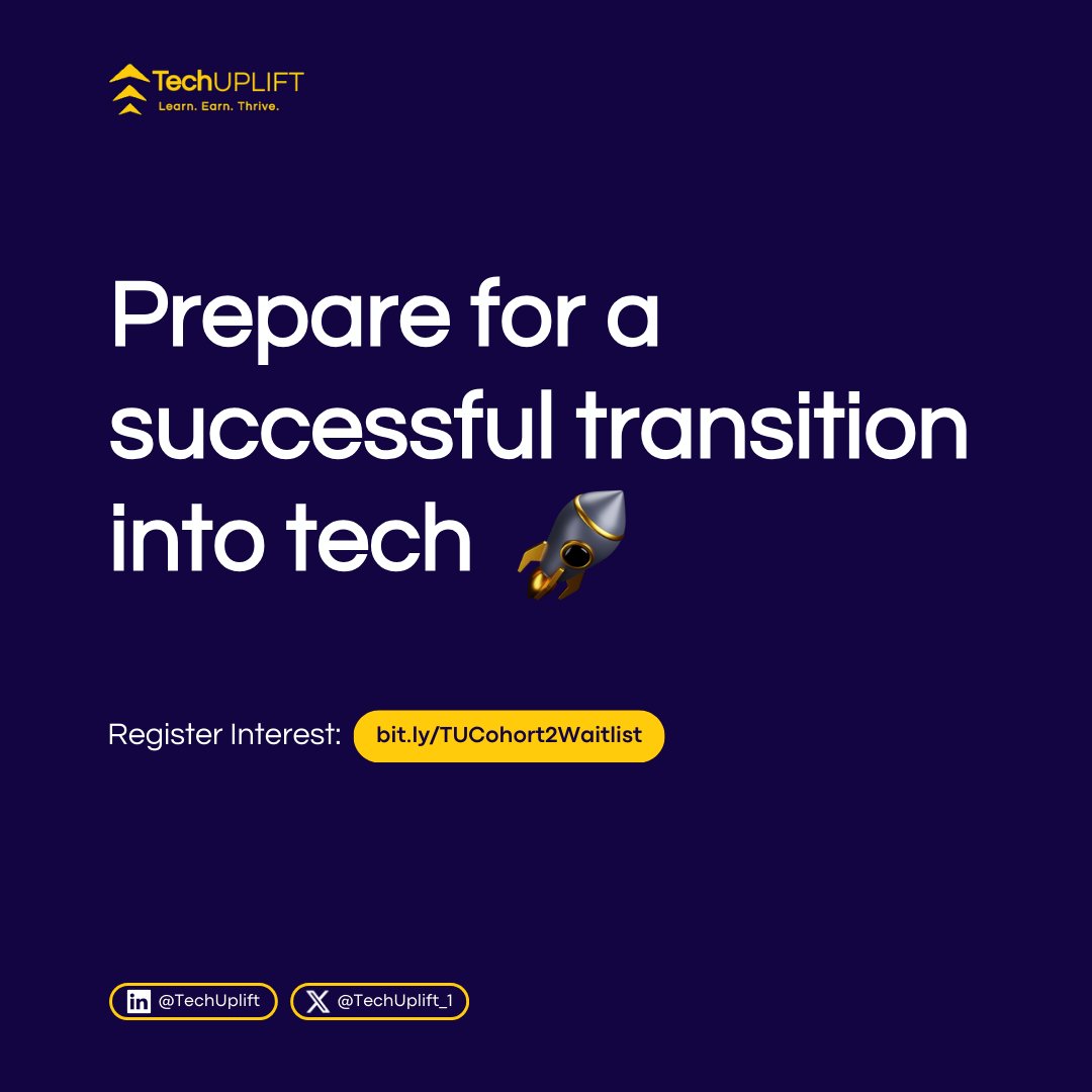 TechUplift_1's tweet image. Want to break into tech with ease?
Our 4-month programs can help👌🏽
Simply head over and register your interest for cohort 2 here: bit.ly/TUCohort2Waitl…
#TechCareer #BreakIntoTech #TechUpliftPrograms