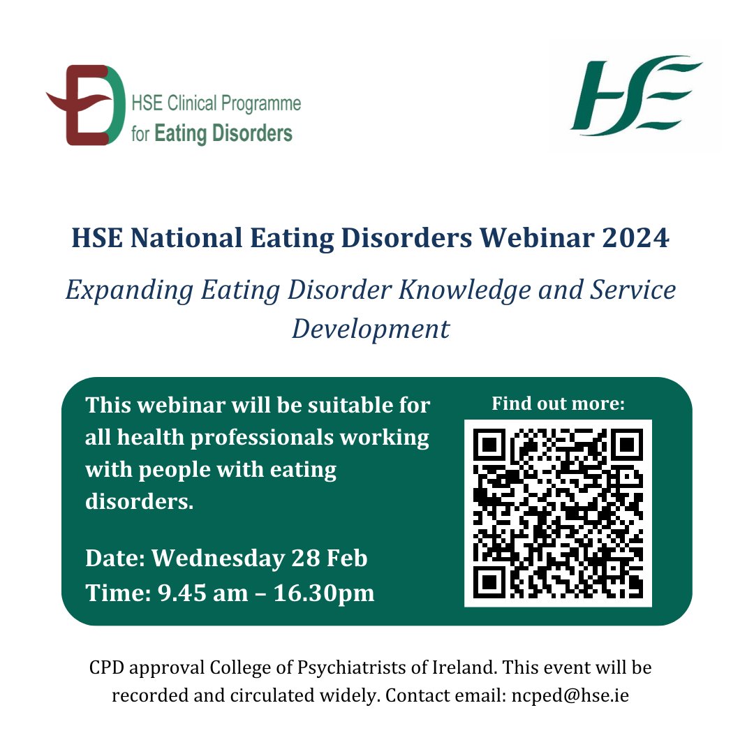 The HSE @NCP_ED is hosting a webinar tomorrow for health professionals working with people with eating disorders. ⏰9.45am – 16.30pm 📍Online To sign up, email ncped@hse.ie. If you are unable to attend, the session will be available to watch afterwards. #EDAW2024